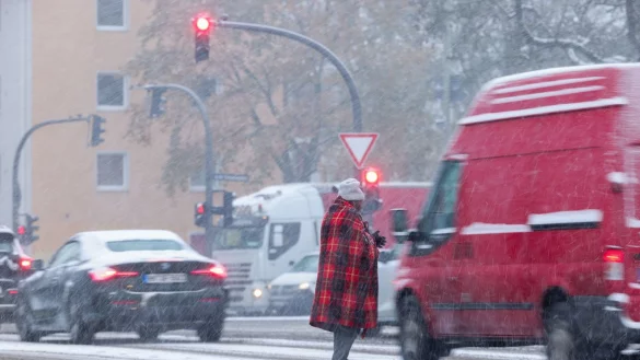 Zwischen wartenden Autos an der Ampel: Bitte um Almosen bei Schneetreiben in Hamburg. - &copy; Christian Charisius/dpa