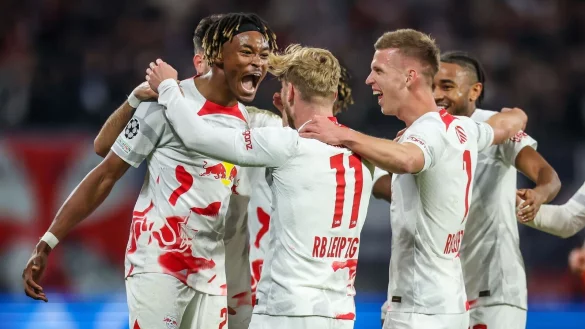 Leipzigs Spieler jubeln nach Timo Werners (M) Treffer zum 3:1 gegen Real Madrid. - &copy; Jan Woitas/dpa