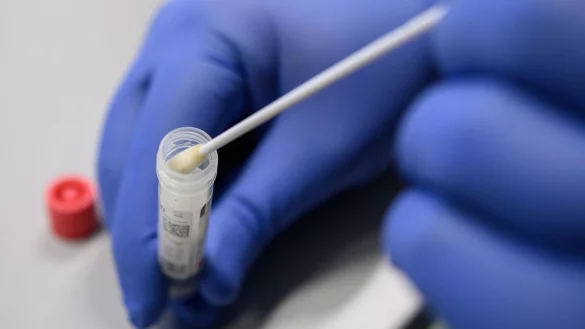 Ein Mann zeigt einen Abstrich f&uuml;r das Testverfahren auf das Virus Sars-CoV-2. - &copy; Sebastian Gollnow/dpa/Symbolbild