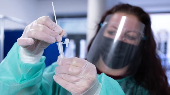 In einem Corona-Testzentrum in Dresden wird ein Schnelltest durchgef&uuml;hrt. - &copy; Sebastian Kahnert/dpa