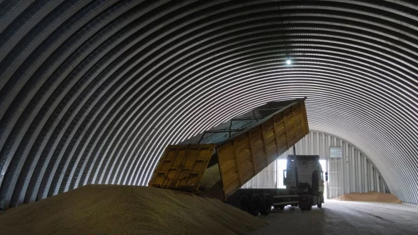 Ein LKW entl&auml;dt Getreide in einem Getreidespeicher in dem Dorf. - &copy; Efrem Lukatsky/AP/dpa