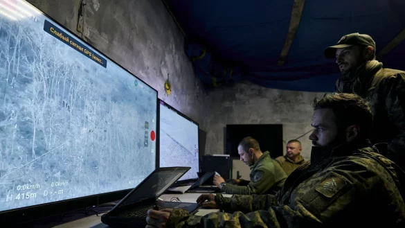 Ukrainische Soldaten verfolgen auf Monitoren die &Uuml;bertragung von Drohnen in einer unterirdischen Kommandozentrale in Bachmut. - &copy; Libkos/AP/dpa