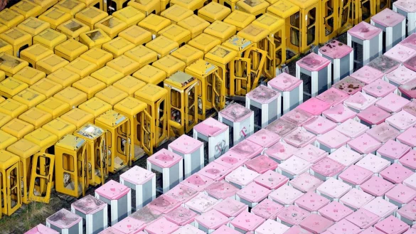 Eine Luftbildaufnahme zeigt alte Telefonzellen der Deutschen Telekom auf einem abgez&auml;unten Gel&auml;nde in Brandenburg. - &copy; Ralf Hirschberger/dpa-Zentralbild/dpa