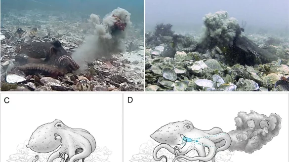 Eine Bildkombo veranschaulicht, wie Gemeine Sydneykraken (Octopus tetricus) mit Muscheln und Schlick um sich werfen. - &copy; PLOS ONE/dpa