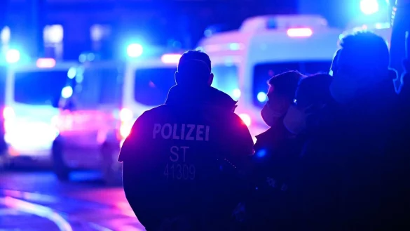 Polizisten stehen bei einem Einsatz auf der Stra&szlig;e. - &copy; Hendrik Schmidt/dpa/Symbolbild