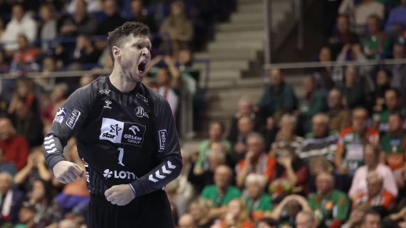 Der Kieler Torwart Niklas Landin jubelt. - &copy; Ronny Hartmann/dpa