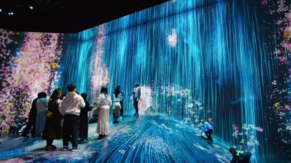 Wirkt echt, wird aber nur durch Licht und Sound erzeugt: Wasserfall-Installation im teamLab Borderless Tokyo. - &copy; Philipp Laage/dpa-tmn