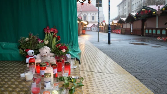 Menschen haben Blumen, Kerzen und Plüschtiere niedergelegt. - © Heiko Rebsch/dpa