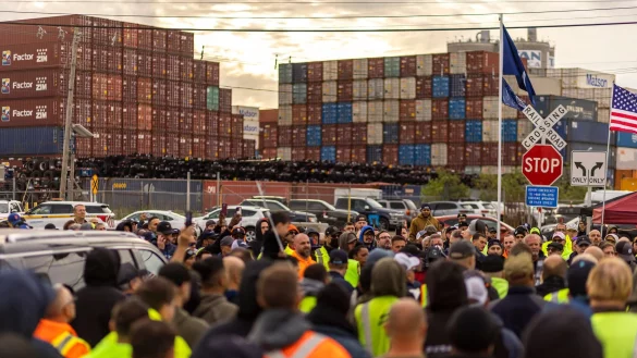 Hafenarbeiter beim Streik in Newark im Bundesstaat New Jersey. - © Eduardo Munoz Alvarez/AP/dpa