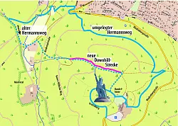 Neue Route f&uuml;r Wanderer: Das steile St&uuml;ck des alten Hermannsweges ist f&uuml;r die Biker reserviert. Wer zum Denkmal laufen m&ouml;chte, wird k&uuml;nftig umgeleitet und andere Aussichtspunkte vorfinden. - &copy; Grafik: Wendtland
