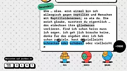 Mia, Doris und Bruno oder: Wie wir uns nicht von Reptilien vorschreiben lassen, wie wir zu leben haben. Die farbigen Markierungen zeigen an, wie sehr diese W&ouml;rter den Spielern gefallen haben. - &copy; Jackbox Games