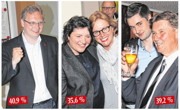 Stolze SPD-Kandidaten: (von links) Dennis Maelzer, Ellen Stock (mit Ex-Ministerin Ute Schäfer) und Jürgen Berghahn mit Sohn Kevin. - © Martin Hostert, Marianne Schwarzer