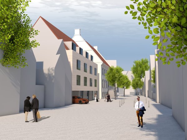 Ansicht aus der Breiten Straße: Zu erkennen ist die prägnante Treppe der Alten Abtei. Das Auto kommt gerade vom Hinterhof-Stellplatz des Neubaus – durch die Zufahrt im Erdgeschoss des Bettenhauses. - © Architekturbüro Schwakenberg/Bley