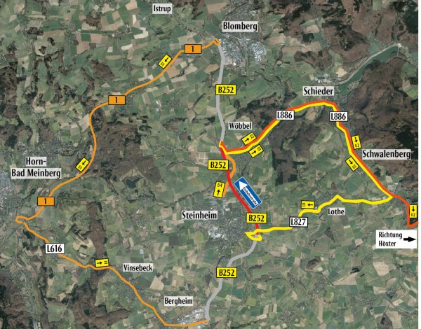 Harte Geduldsprobe für Verkehrsteilnehmer: Die B 252 wird zwischen Steinheim und Wöbbel umgebaut. In Fahrtrichtung Blomberg ist eine Einbahnstraße eingerichtet. Für den Gegenverkehr gelten großräumige Umleitungen. - © Grafik: Brettmeier