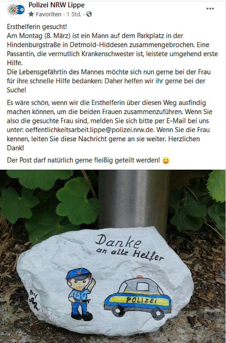 Die Polizei sucht eine Ersthelferin. - © Screenshot Facebook Polizei Lippe