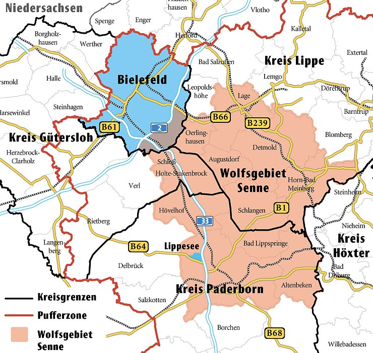 Das Wolfsgebiet in der Senne und die darumliegende Pufferzone. - © Jürgen Schultheiß