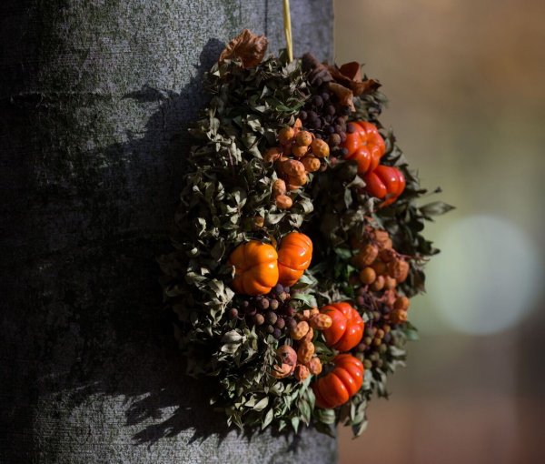 Ein Kranz besetzt mit Herbstfrüchten kann auch im Garten für eine stimmungsvolle Atmosphäre sorgen. - © Friso Gentsch/dpa/dpa-tmn