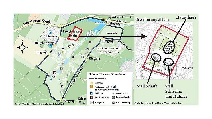 Ein Blick von oben auf die neue Anlage mit Ställen und Gehegen für bedrohte Haustierarten. Sie kommt jetzt frühestens 2027. - © Karte: OpenStreetMap, Grafik: Jürgen Schultheiß, Quelle: Projektvorstellung Tierpark Olderdissen