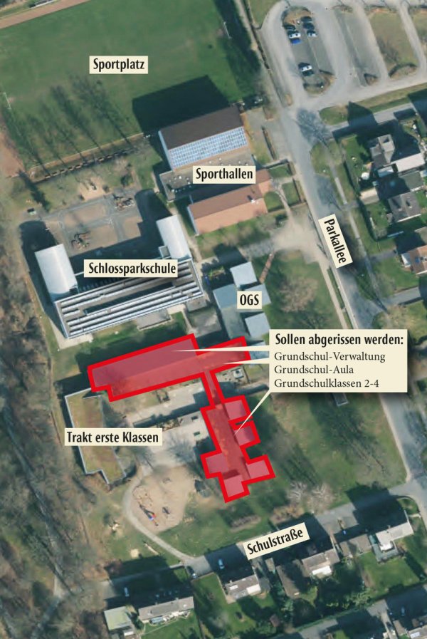 Geplante Veränderungen: Wird das neue Nutzungskonzept umgesetzt, werden die rot markierten Gebäude abgerissen. Die Grundschule würde dann in die ehemalige Schlossparkschule ziehen. - © Grafik: Benjamin Möller