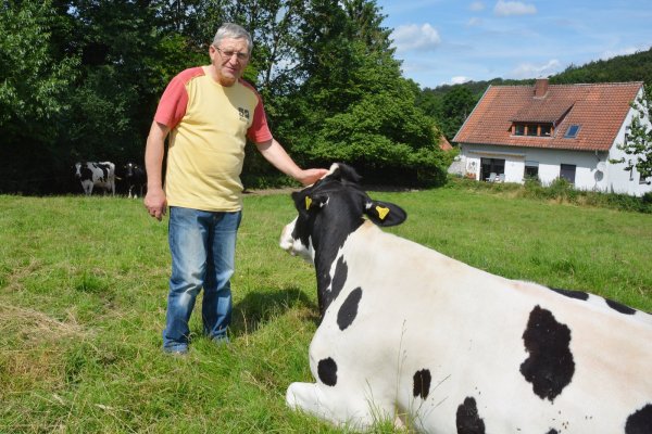 Es fällt Ulrich „Ulli" Kützemeier (62) nicht leicht, doch als letzter Bauer im Haupterwerb gibt er nun seine Milchviehwirtschaft auf. Ein paar der Milchkühe sollen in der Familie bleiben, der Rest wird verkauft. Auch Schulen und Kindergärten hatten Bauer Ulli auf seinem Hof Flammenkamp besucht und durften beim Melken aktiv dabei sein. - © Tanja Watermann