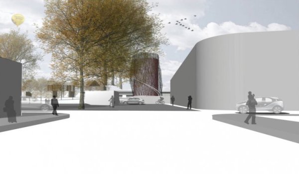 Blick von der Thusneldastraße auf den Wärmespeicher-Turm. - © Hochschule OWL/Rendering: Nils Kruse