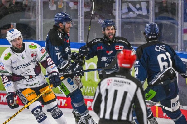 Die Straubing Tigers (blaue Trikots) holten in der Serie gegen die Eisbären den ersten Sieg. - © Armin Weigel/dpa