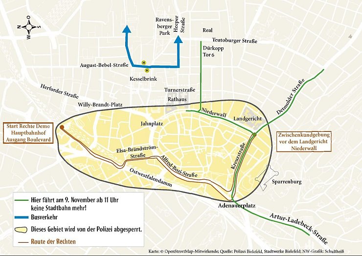 Übersichtskarte der ÖPNV-Sperrungen (gelb) sowie der Busrouten (blau). Die Stadtbahnlinien 1 und 2 fahren ab 11 Uhr nicht mehr vom Jahnplatz nach Senne und Sieker. Die Busse aus dem Osten kehren am Kesselbrink um.