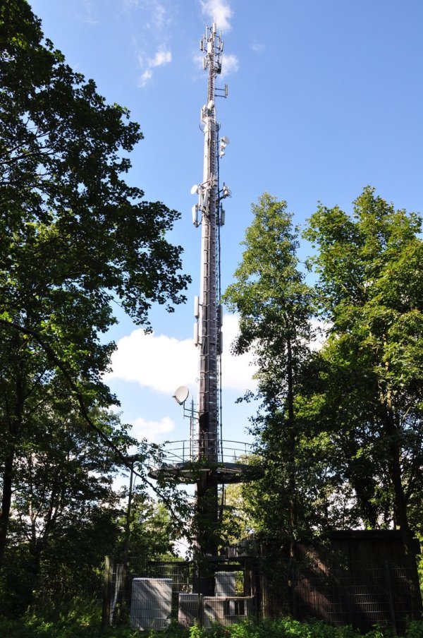 Ein Funkmast steht schon auf dem Tönsberg: Die 42 Meter hohe Säule neben der ehemaligen Jugendherberge wäre theoretisch für Richtfunk geeignet. Aber es lassen sich keine weiteren Antennen anbringen. - © Karin Prignitz