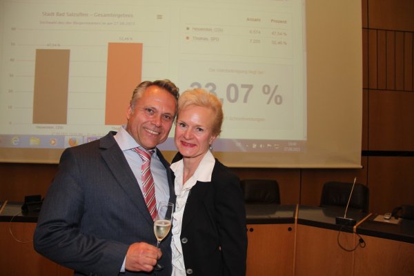 Glücklich: Wahlsieger Roland Thomas und seine Frau Bernhild Strathoff-Thomas posieren vor dem Endergebnis. - © Dieter Asbrock