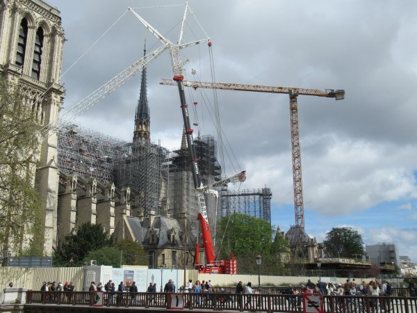 Der Abbau des Baugerüsts an der Pariser Kathedrale Notre-Dame schreitet voran. Die Wiedereröffnung ist für den 8. Dezember geplant. Um den Besucherandrang zu bewältigen, führt die Diözese von Paris nun Online-Reservierungen ein. - © Sabine Glaubitz/dpa