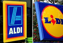 Die Bildkombo zeigt die Logos der deutschen Discounter Aldi (l) und Lidl. Die Schwarz-Gruppe mit ihren Töchtern Lidl und Kaufland und der Discounter Aldi haben ihren Platz unter den zehn größten Einzelhändlern weltweit behauptet. - Pa/PA Wire/dpa