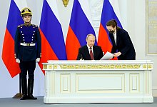 Der russische Pr&auml;sident Wladimir Putin bei der Zeremonie zur Annexion der von Russland besetzten ukrainischen Regionen Luhansk, Donezk, Saporischschja und Cherson. - Dmitry Astakhov/Pool Sputnik Government/AP/dpa