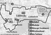 Vorhistorischer Kulisse: Autorin Heike von Schulz hat den L&uuml;bbecker Landweg f&uuml;r unsere Leser erkundet und ist dabei auch am Rittergut Stockhausen vorbeigeradelt. Der Landweg ist mit einem eigenen Logo ausgeschildert (kl. Bild). - von Schulz