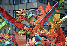 Lebensfreude auf der Stra&szlig;e: 70 Gruppen mit mehr als 2.000 Akteuren beteiligten sich in diesem Jahr am Carnival der Kulturen. Nicht nur die Kost&uuml;me waren bunt &ndash; auch die Gesichter, wie bei dieser Gruppe vor der IHK. - ARCHIVFOTO: ANDREAS FR&Uuml;CHT