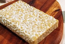 Tempeh liegt als St&uuml;ck auf einer Holzplatte - Bernd Diekjobst/dpa-tmn