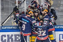 Die Eisb&auml;ren Berlin feiern den Einzug ins DEL-Finale. - Andreas Gora/dpa