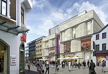 Ansicht Bahnhofstra&szlig;e: Eine helle Sandstein-Fassade mit viel Glas und im Erdgeschoss ge&ouml;ffnet f&uuml;r Gastronomie soll dem Einkaufscenter ein modernes und offenes Gesicht geben. Stahlprofile als Querb&auml;nder bilden einen deutlichen Kontrast, so Architekt Marc Blum. - ENTW&Uuml;RFE: ECE