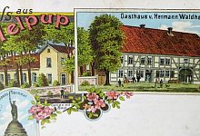 Eine echte Fotorarit&auml;t ist die Postkarte vom Alten Krug aus dem Jahre 1904. Sie zeigt den Gasthof noch mit seinem gro&szlig;en Deelentor, der Einfahrt f&uuml;r die Fuhrleute. - Repro: Horst Biere / Quelle: August Rettig