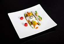 Wei&szlig;er Tomatenschaum auf Seezungenstreifen in einer Zucchinibl&uuml;te - Philipp M. Sedlacek/dpa-tmn