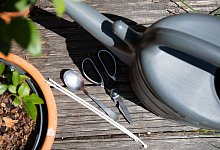 Kabelbinder, Esslöffel und Schere liegen neben einer Gießkanne - Christin Klose/dpa-tmn