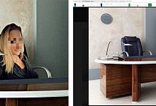 Links sieht man die vermeintliche Unternehmerin. Die Spiegelung auf dem Tisch beweist, dass die Frau nachtr&auml;glich eingef&uuml;gt wurde. Rechts sieht man das Original-B&uuml;ro von einer asiatischen Webseite. - Screenshots