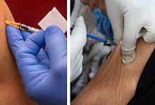 Auf dem linken Bild wird die Corona-Impfung wie vorgegeben intramuskul&auml;r verabreicht. Auf dem rechten Foto wird der Impfstoff lediglich unter die Haut gespritzt.&nbsp; - picture alliance