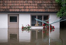 Von Hochwasser überfluteter Garten vor einem Haus - dpa