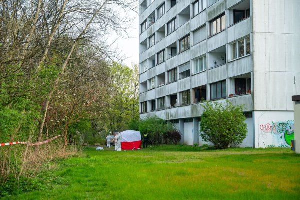 Nach dem tödlichen Sturz eines Jugendlichen untersuchen Ermittler die Umgebung des Hochhauses ab. - © Jonas Walzberg/dpa