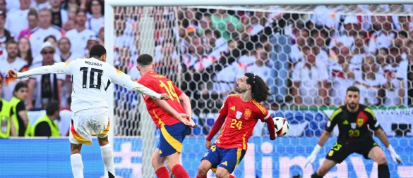 Aufreger der vergangenen EM: Das ungeahndete Handspiel des Spaniers Marc Cucurella. - © Tom Weller/dpa