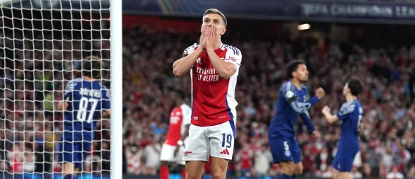 Arsenal-Stürmer Leandro Trossard vergibt im Hinspiel gegen Paris Saint-Germain eine Chance. - © Adam Davy/PA Wire/dpa