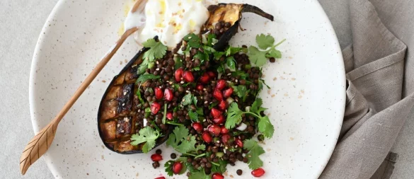 Ein Teller voller Kontraste und orientalischem Twist: Geschmorte Auberginen, getoppt mit Linsen-Kräuter-Salat, Granatapfelkernen und einem Klecks cremigem Joghurt. - © Julia Uehren/dpa-tmn