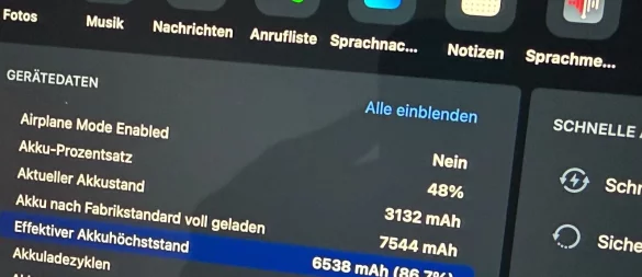 Das Programm iMazing zeigt: Dieses 5 Jahre alte iPad Pro hat noch 86,7 Prozent seiner ursprünglichen Akkukapazität. - © Till Simon Nagel/dpa-tmn