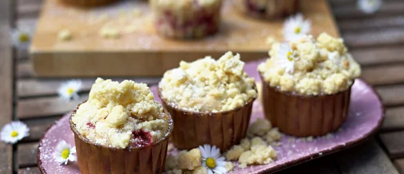 Erdbeeren, Buttermilch und knackige Schokostückchen verstecken sich im Inneren der Muffins, Knusper-Streusel bilden die Krone. - © Mareike Pucka/biskuitwerkstatt.de/dpa-tmn