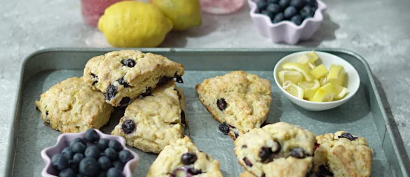 Innen fluffig, außen kross: Die Blaubeer-Scones haben die Form von handlichen Tortenstückchen. - © Mareike Pucka/biskuitwerkstatt.de/dpa-tmn